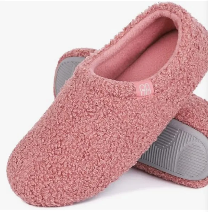 HomeTop Women's Fuzzy Curly Fur Memory Foam Loafer Slippers with Polar Fleece Lining - 7-8 Pink