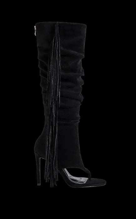 JOHANNA-BLACK FRINGE STILETTO SANDAL BOOT | BLACK / 6 / STILETTO