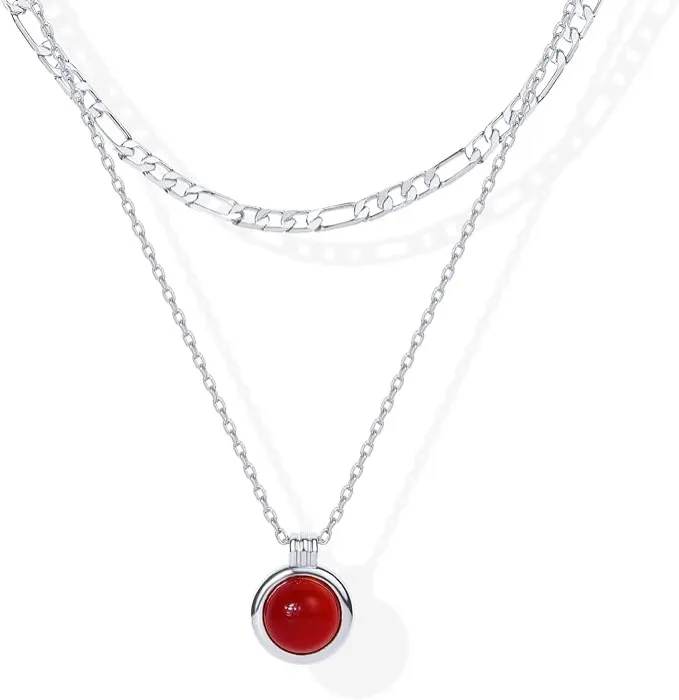 PAVOI 14K Gold Plated Layered Necklaces for Women | Gemstone Pendant Figaro Chain Necklace | Carnelian, Green Aventurine, Malachite Layering Necklace