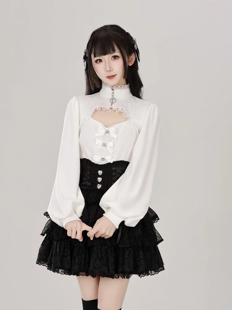 Jirai Kei White Knit Top with Lace Trim, Eyelet Cutout & Triple Bows