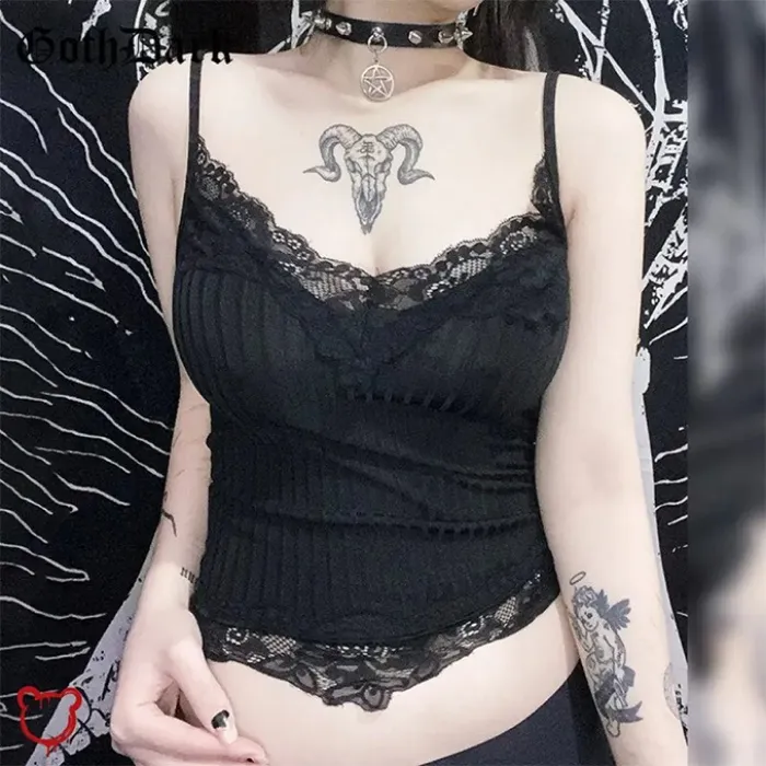 Black Lace Crop Top - black / L