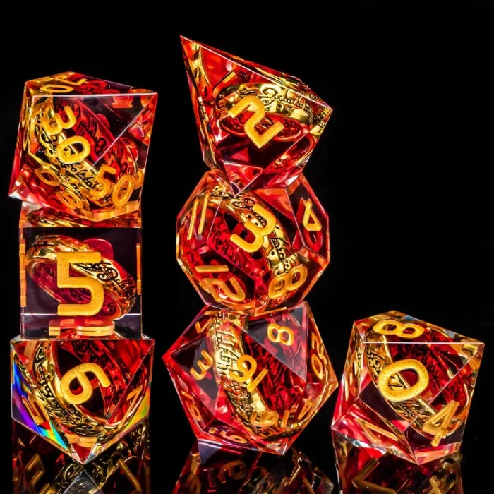 OUKELANWO Magic Lord Rings DND Dice Set with Box, 7Pcs Resin LOTR D&D Dice Set for Role Playing Game, Red Dungeons Dragons D and D Sharp Edge Dice D20 D12 D10 D8 D6 D4