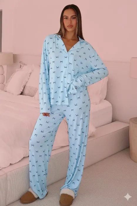 Pillow Talk Printed Long Sleeve Pyjama Set Sky Ribbons | XS