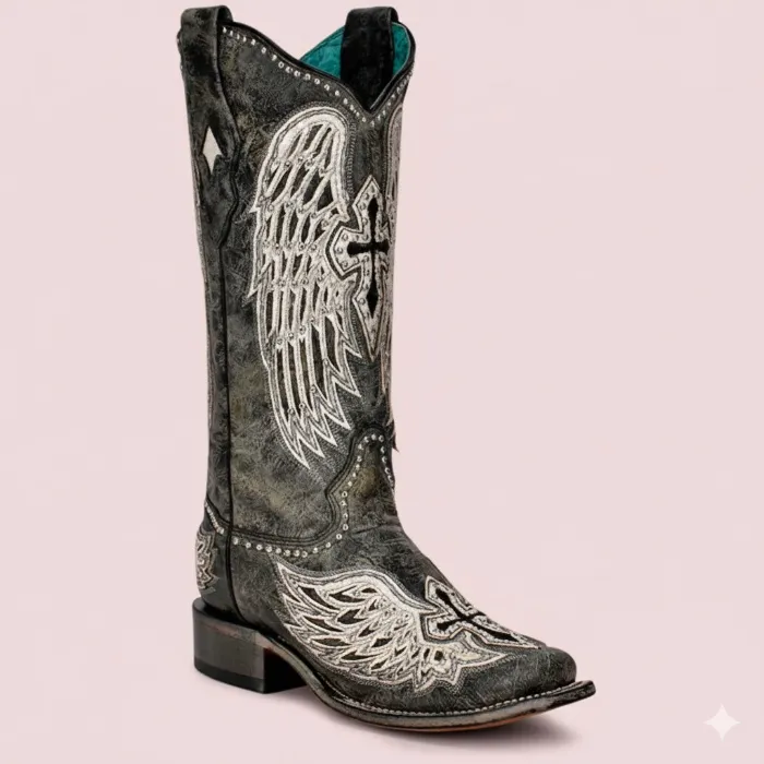 A4243 - WOMEN'S WHITE CROSS AND WINGS OVERLAY AND STUDS WORN FINISH BLACK SQUARE TOE COWBOY BOOT | 8 / Black / M