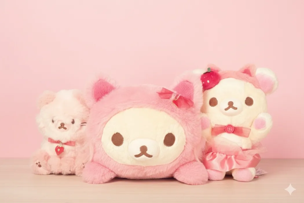 Rare San-X Pink Strawberry Cat Korilakkuma 3-Piece Plush Bundle
