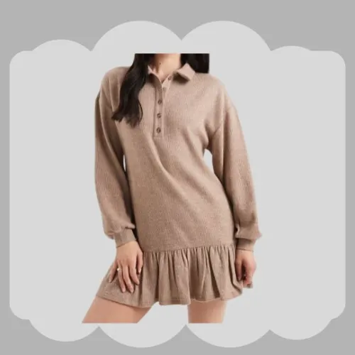 Rib collar sweat dress in camel