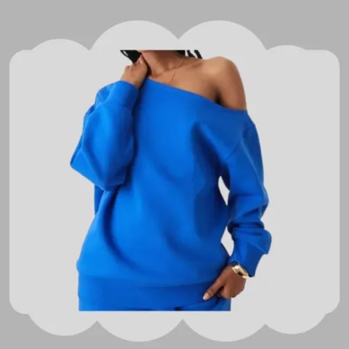 off shoulder brushback sweatshirt in blue