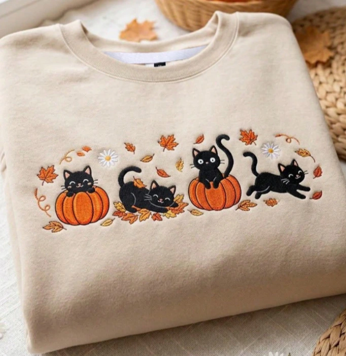 Embroidered Pumpkin Black Cat Sweatshirt