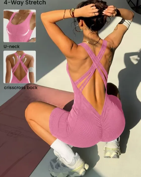 Pink Crisscross Strap Yoga Suit