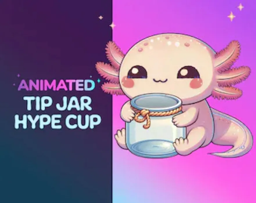  May include: Animated tip jar hype cup featuring a pink axolotl holding a clear glass jar with a brown rope handle. The axolotl has large, black eyes and a pink and white body with a sparkly texture. The background is a gradient of pink, purple, and blue. Product video  Report this item to Etsy Animated Axolotl Tip Jar