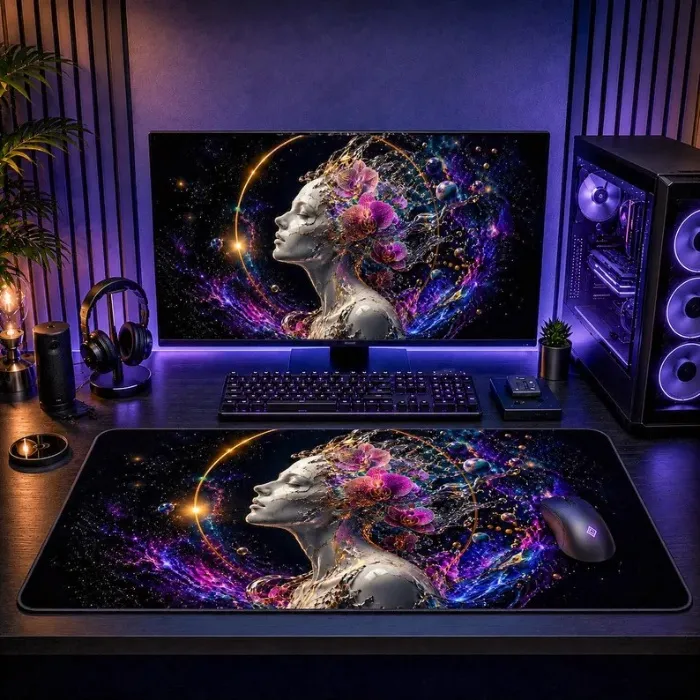 Cosmic Goddess Desk Mat - Celestial Woman Mouse Pad, Galaxy Gaming Mat, Fantasy Decor