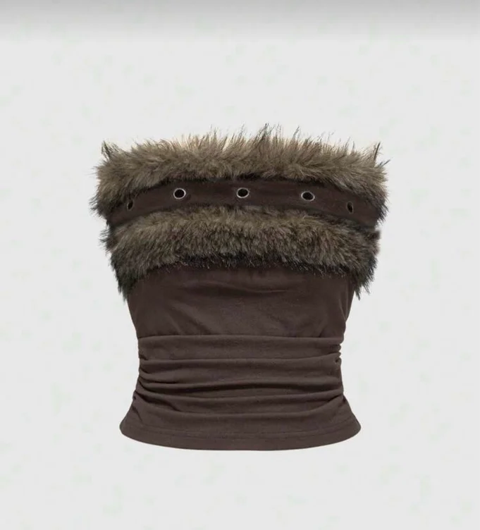 Buckle Crop Top with Faux Fur Collar | Brown