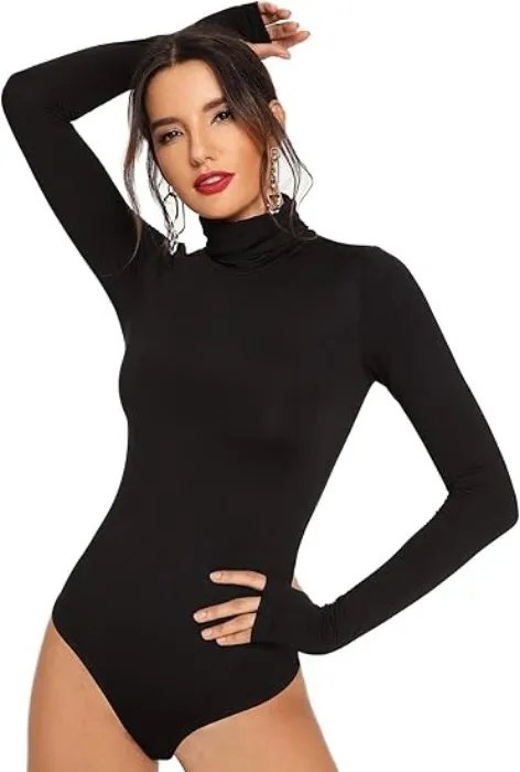 Floerns Women's Solid Leotard Long Sleeve Turtleneck Bodysuit - Small A Black