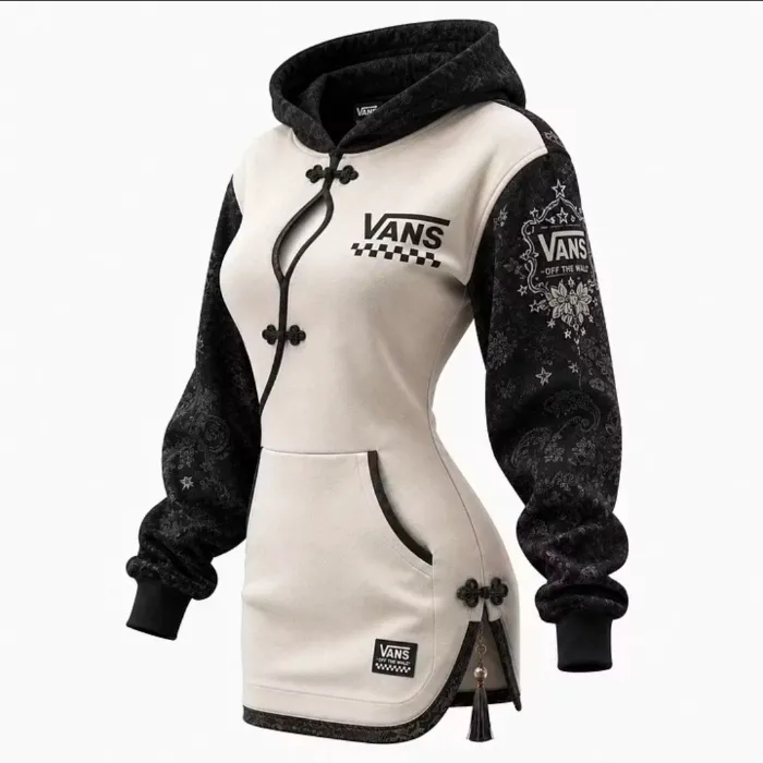 Damemode Kjole med knude og hætte – Streetwear Lang Hættetrøje med Farveblok