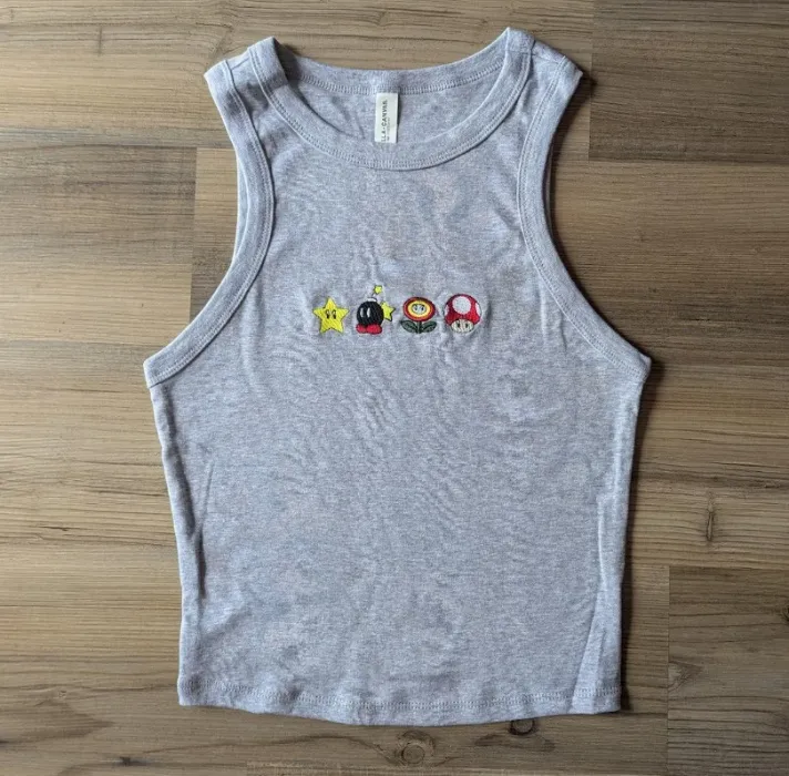 Mushroom Pow 1up Crop Tank, Embroidery Star World Baby Tee