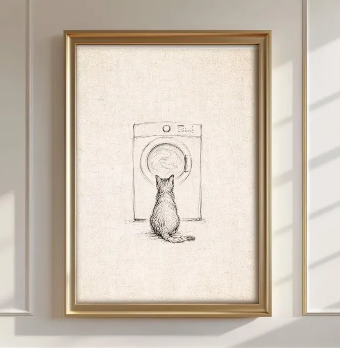 Funny Cat Laundry Room Poster, Vintage Sketch Wall Art, Cozy Home Decor Cat Lover