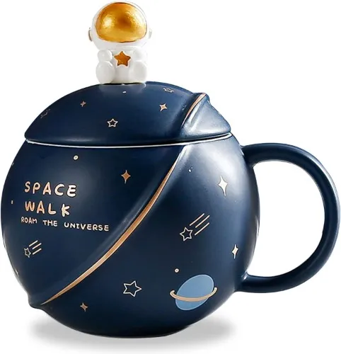 ZONSUSE Kawaii Astronaut Personalized Mug with Lid and Spoon, Ceramic Cappuccino for Coffee, Tea and Milk,