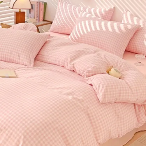 3pcs Light Pink Plaid Printing Bedding