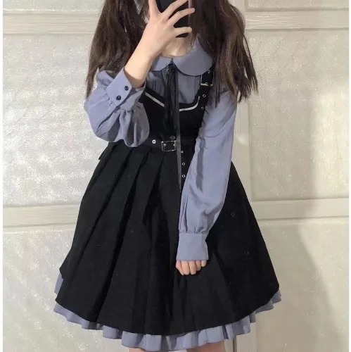 Cute Japanese black strap two-piece suit (Blue)