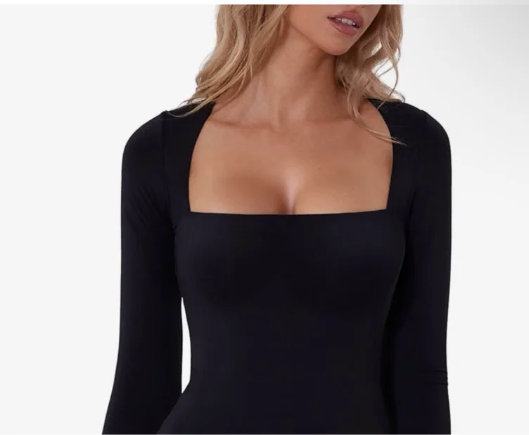 QINSEN Women's Square Neck Bodysuit Long Sleeve Double Lined Shirt Tops - X-Small - Black