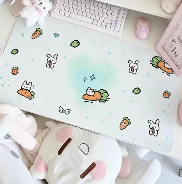 Kawaii Bunny & Cat Desk Mat, Cute Waterproof Desk Pad, Pastel Kawaii Office Accessory, Gift for Her