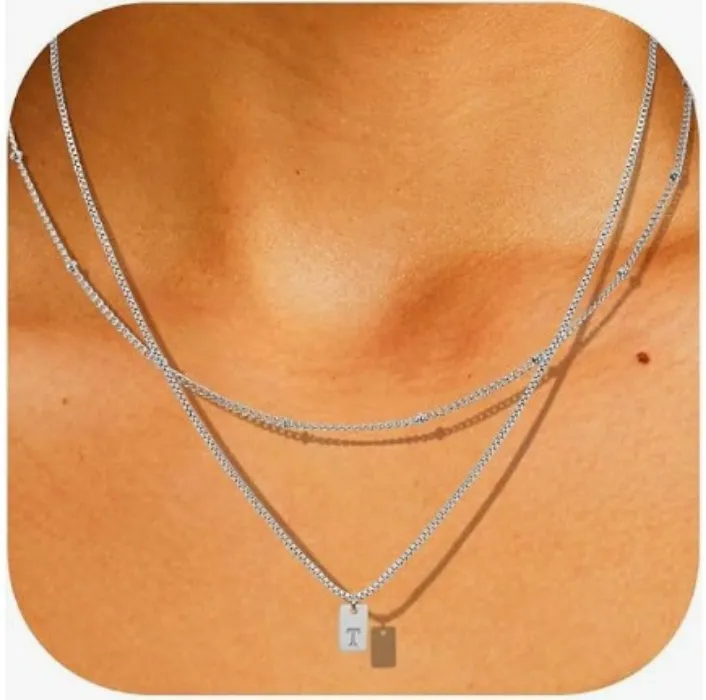 Initial Necklace for Women 14k Gold Plated Layered Letter A-Z Pendant Necklace Choker Chain Tiny Dainty Initial Monogram Alphabets Tag Charm Trendy Jewelry Gift for Women - T-Silver