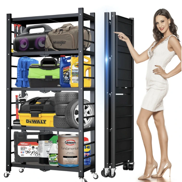 Musment Adjustable 5-Tier Foldable Free Standing Metal Rack, Black
