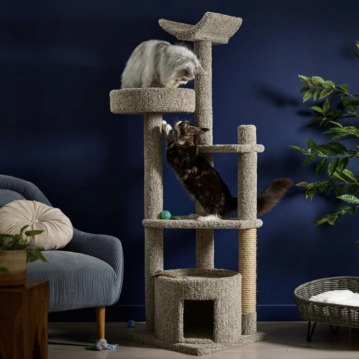 Frisco 64-in Real Carpet Solid Wood Cat Tree & Condo, Gray Speckled