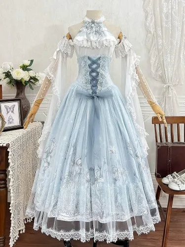 White Halter Neck Sleeveless Top + Lily Print Blue Super High Corset Waist Lolita Skirt + White Sleeves