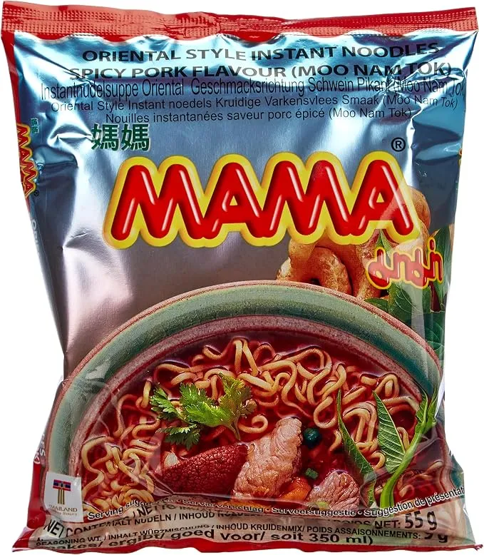 MAMA Instant Noodles | Moo Nam Tok Spicy Pork Flavour | Authentic Thai Broth with Herbs & Spices | 60g x 30 Pack