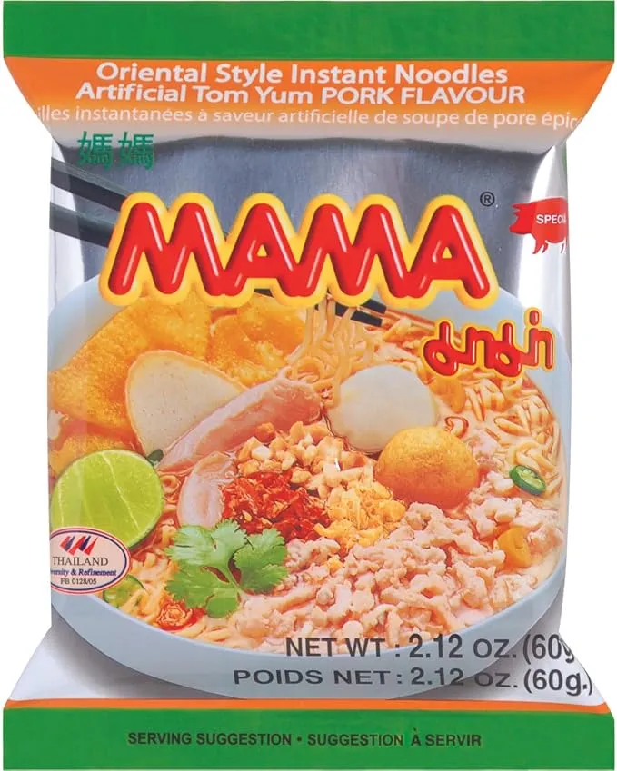 Mama Instant Noodles Tom Yum Pork Flavour - Thai Style Spicy Tangy Noodle Soup with Savoury Pork Broth | 60g x 30 Pack