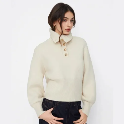 Knit Wool-blend Collar Long Sleeve Metal Button Cinched Waist Top