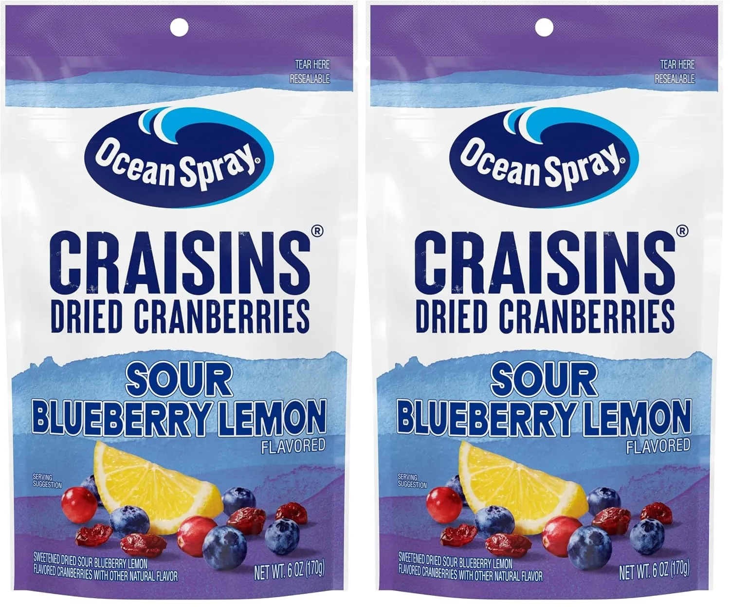 Ocean Spray® Craisins® Sweetened Dried Cranberries, Sour Blueberry Lemon, 6oz Pouch (Pack of 2)