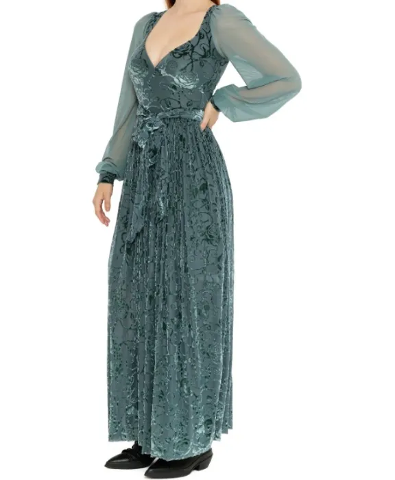 Be With Me Always Juniper Burned Velvet Sheer Romance Maxi Dress | M / Green
