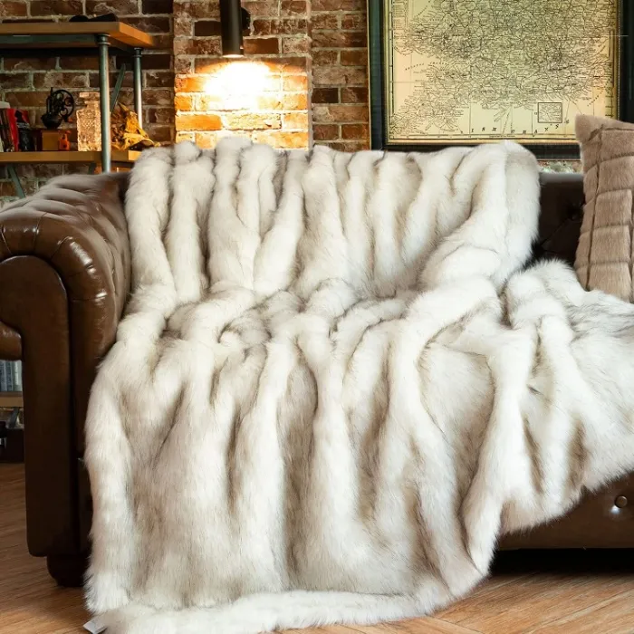 Luxury White Faux Fur Throw Blanket for Couch and Bed