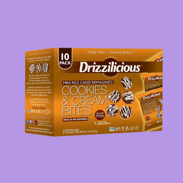 Drizzilicious Mini Flavored Rice Cakes Cookies & Cream - Rice Crisps, Healthy Snack for Adults and Kids, Vegan, Gluten Free Snack, Allergen Free, Only 90 Calories Per Bag - 0.74 oz (Pack of 10) - Cookies & Cream