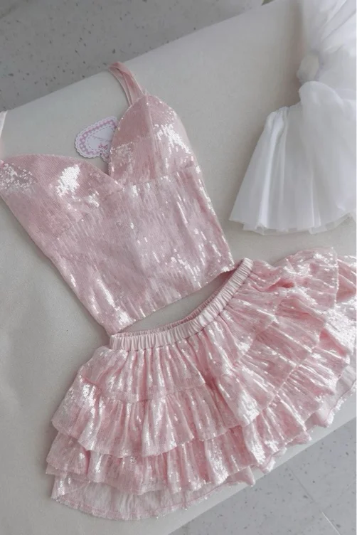 Rosette Fairy Dust Sequin Matching Set (Pink) | Top + Skirt + Petticoat / 2XL