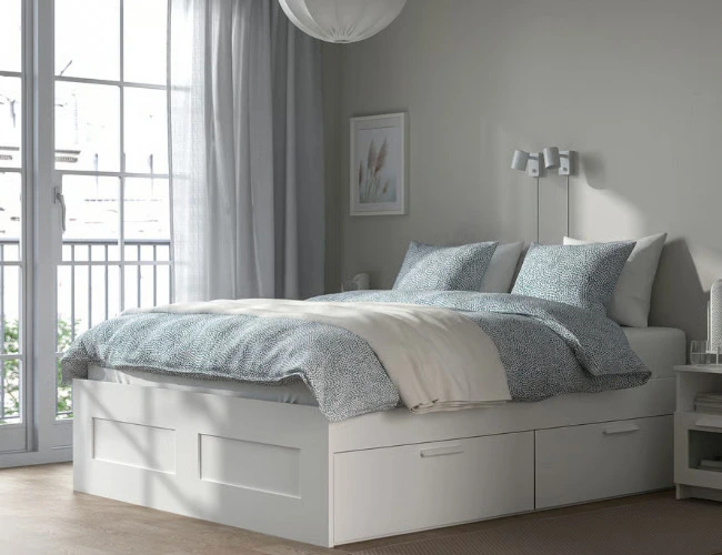 BRIMNES Cadre lit avec rangement - blanc/Leirsund 140x200 cm