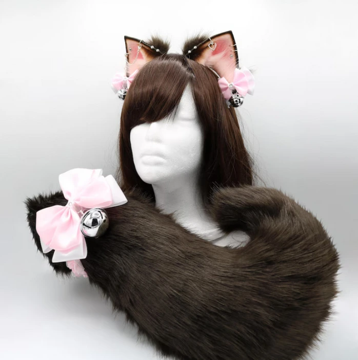 Brown and Pink Cat Ears and Tail Set - Faux Fur Ears and Tail Set by YogyAndNola - Etsy