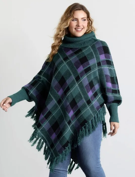 Holiday Plaid Turtleneck Fringe Hem Pullover | Dark Slate Gray / 22-24/3X