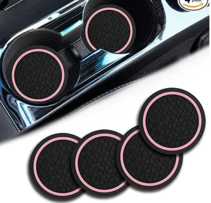 Car Cup Holder Coasters, Dustproof Automotive Interior Accessories Mat,2.75 Inch Non-Slip Insert Water Bottle Holder Pads, Universal for Vehicles, Trucks, RVs and More (Black/Pink, 4PCS)