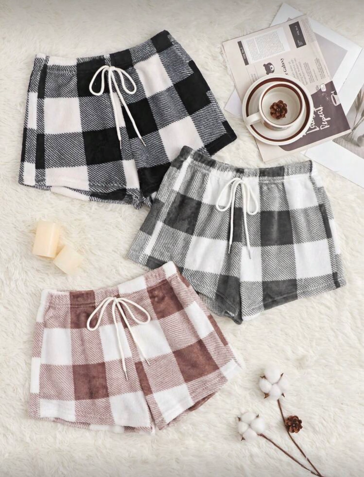 🧸 Plaid Fluffy Pajama Shorts - 3 Pack