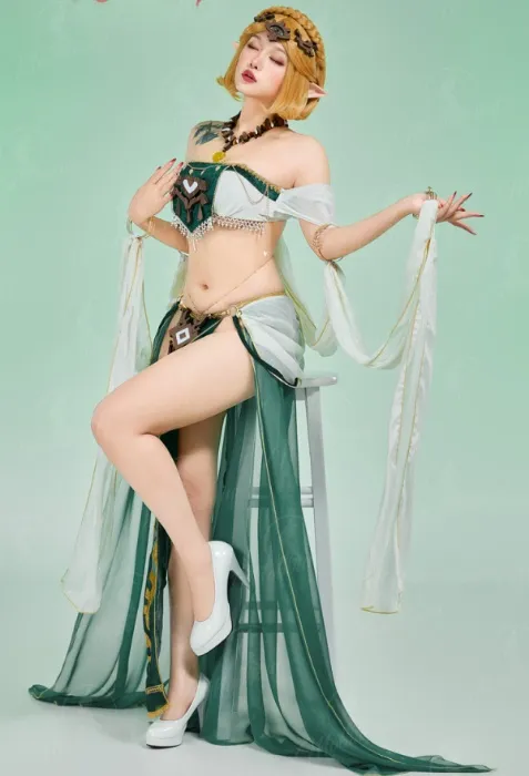 Princess Zelda Derivative Sexy Dance Style Lingerie Costume Short Top and Skirt with Headpiece Necklace