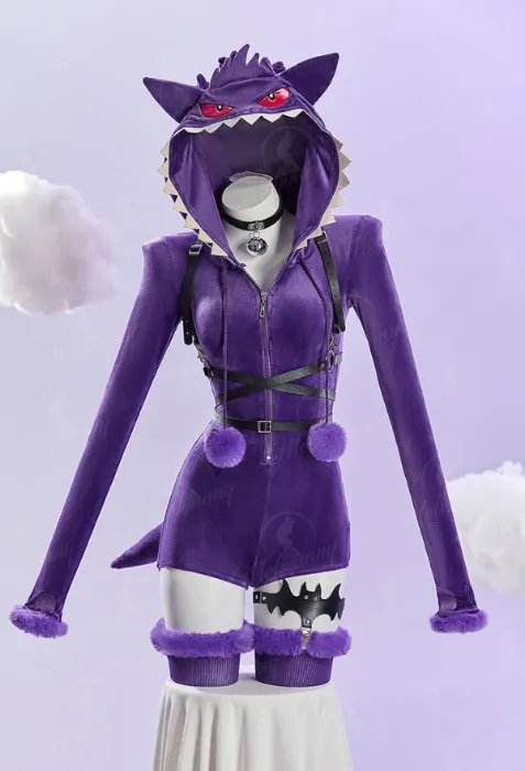 PM Derivative Homewear Sexy Lingerie Bodysuit Purple Hooded Bodycon Romper and Tail with Choker Belt