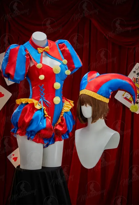 TADC Clown Girl Derivative Sexy Cosplay Costume Blue and Red Color-blocked Bodysuit and Jacket with Hat and Gloves