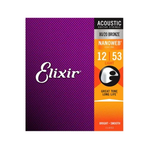 Elixir Nanoweb 80/20 Bronze Acoustic Guitar Strings, Light, 12-53