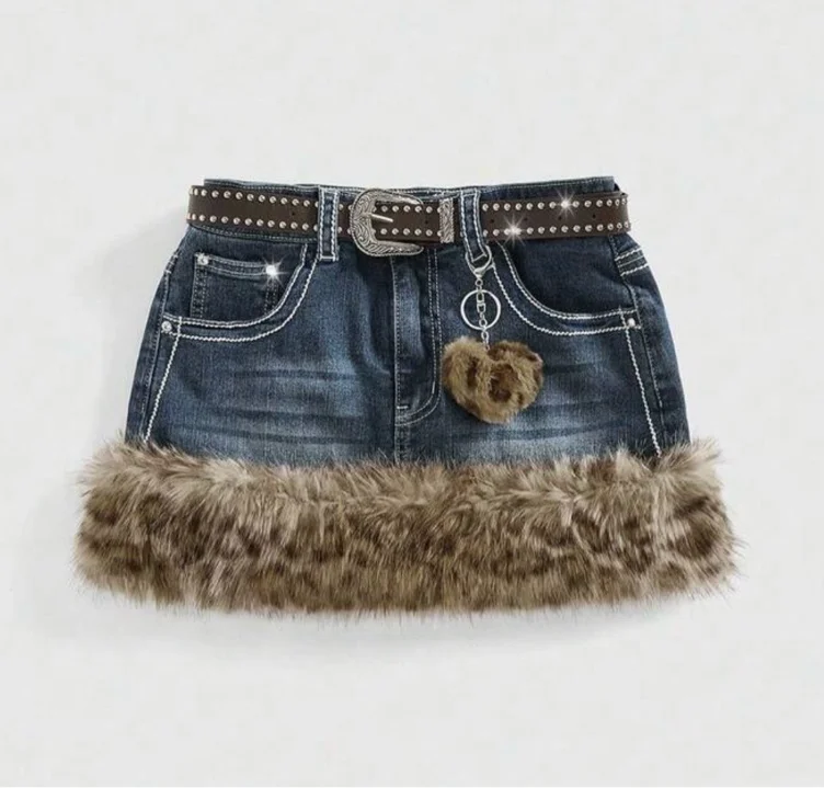 Fluffy Leopard Print Mini Denim Skirt