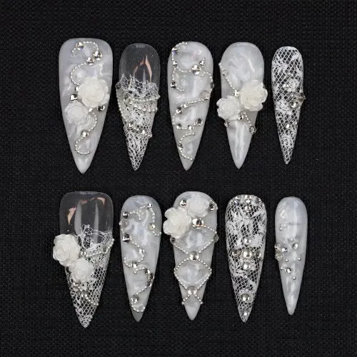 Elegant White Lace Press On Nails: Victorian Stiletto Bridal Nails
