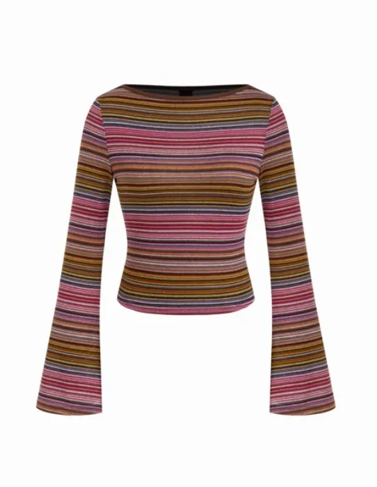 Striped Boat Neck Bell Sleeve Slim Tee