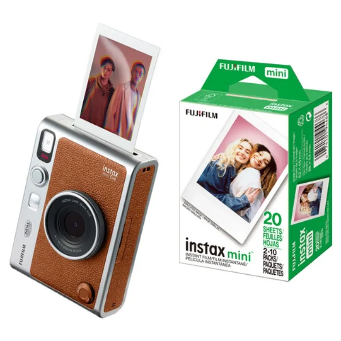 FUJIFILM instax mini EVO Hybrid Instant Camera with Film Kit (Brown, 20 Exposures)